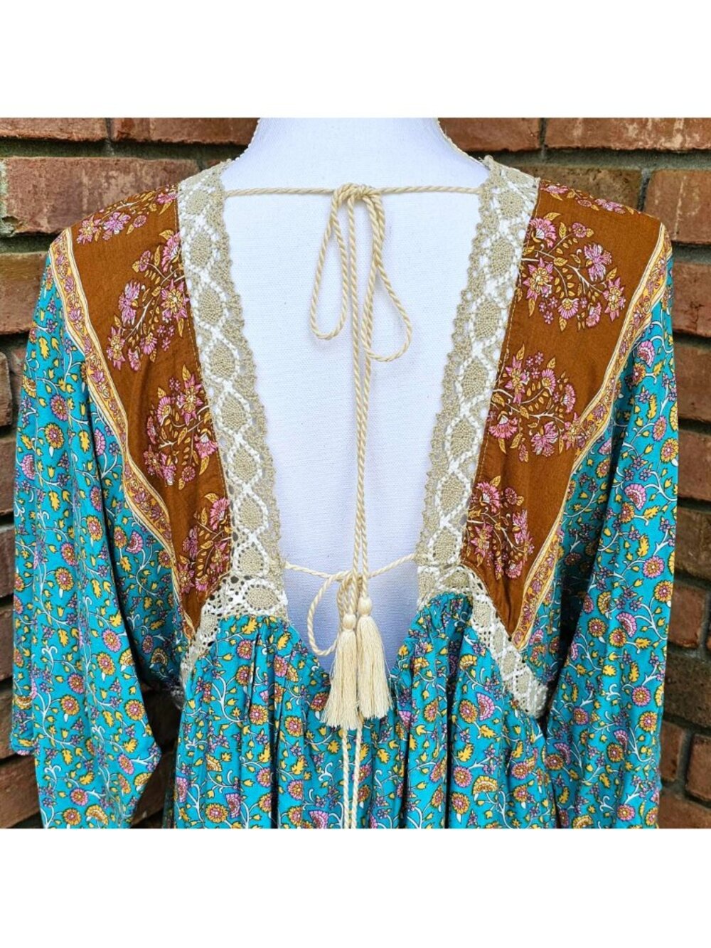 Boho Floral Lace Trim Dress, Teal Rust Print, Cottagecore, GiGiO Brand, Size S - Picture 7 of 11